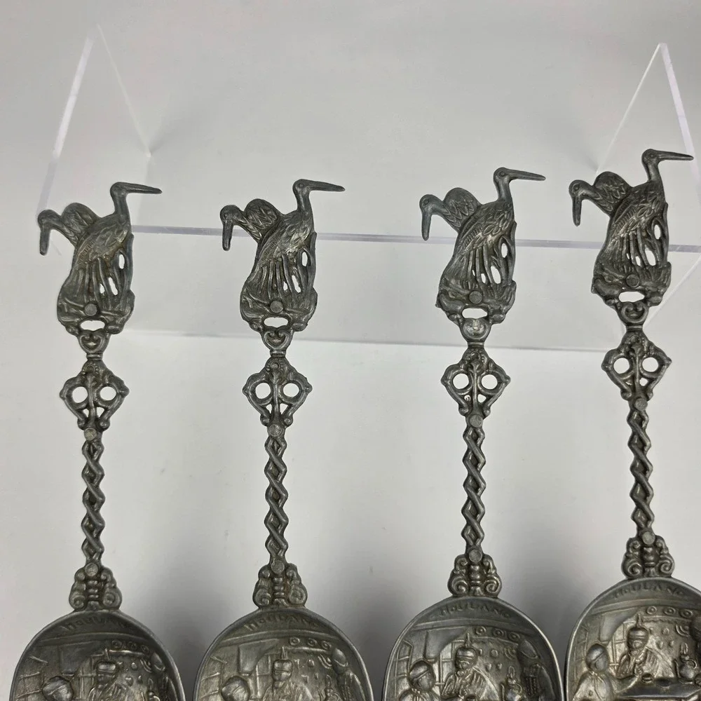 Antique Dutch Pewter Souvenir Spoons Set of 4 Volendam Holland Stork Tavern Scen
